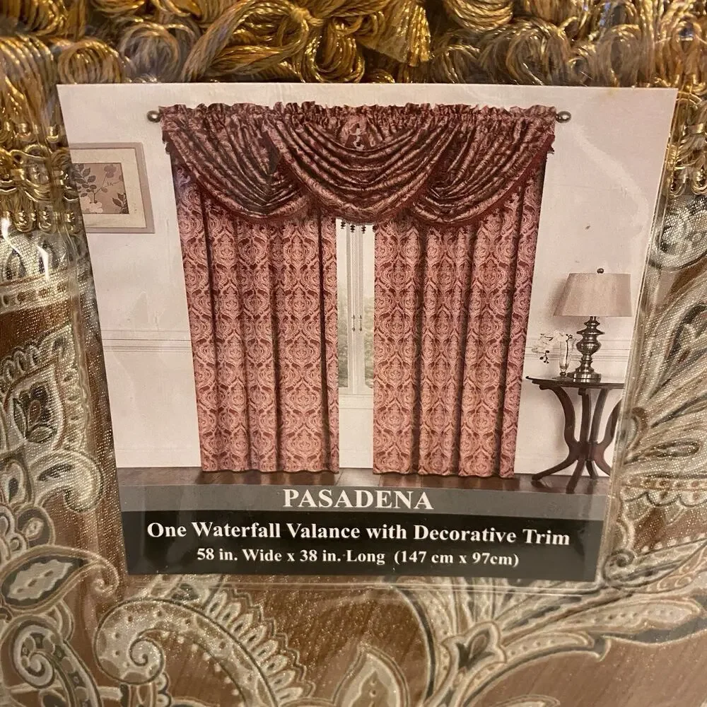 LotOf2 Home Curtain Window Waterfall Valance wDecorative Trim Topaz Gold Tassels